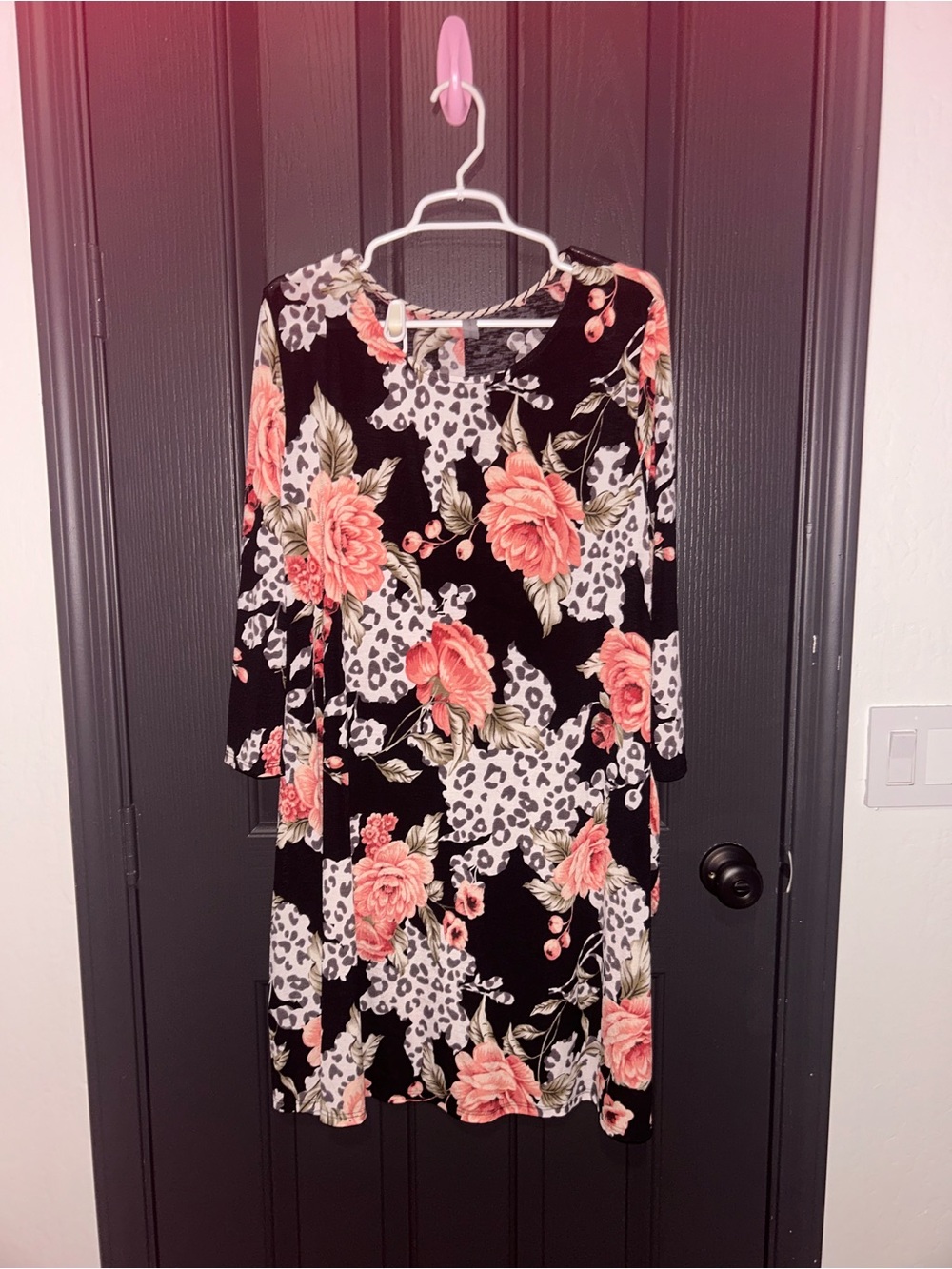 Honeyme Floral Leopard Print Swing Dress in Black and Peach